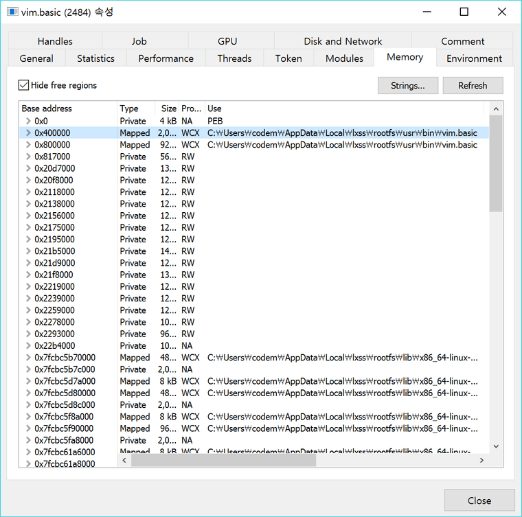 Figure 3. 실행된 vim.basic의 메모리 정보